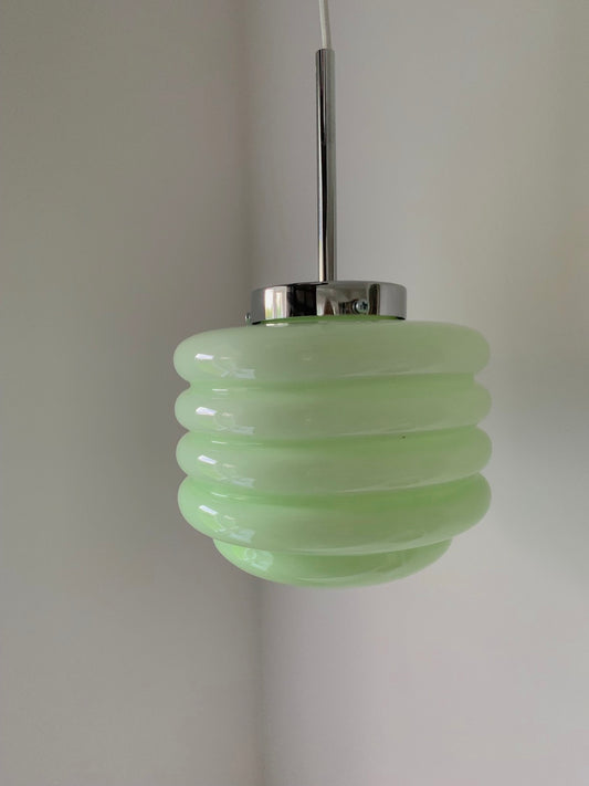 Green vintage opaline ceiling lamp